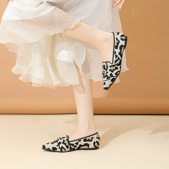 Women's Bow Comfortable Pointed Toe Ballet Flats Knit Dressy Flats Leopard Print - Picture 5 of 5